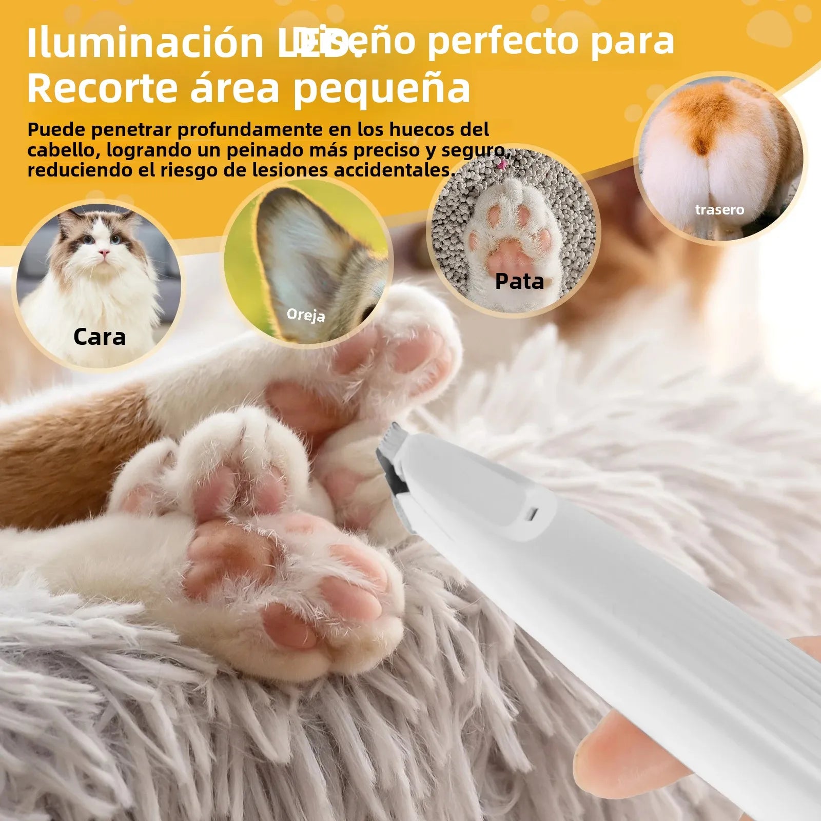 Recortador de Pelo para Patas de Mascotas con Luz LED