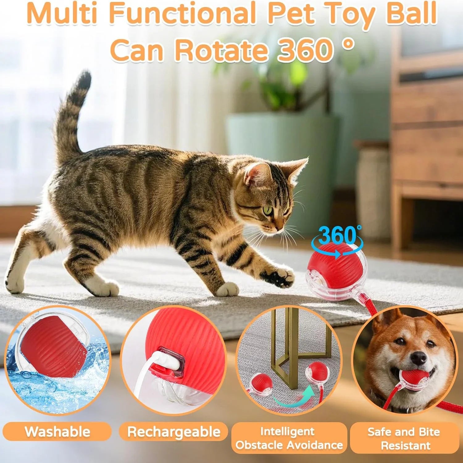 Pelota Interactiva Automática para Perros y Gatos con Cola y Movimiento Inteligente
