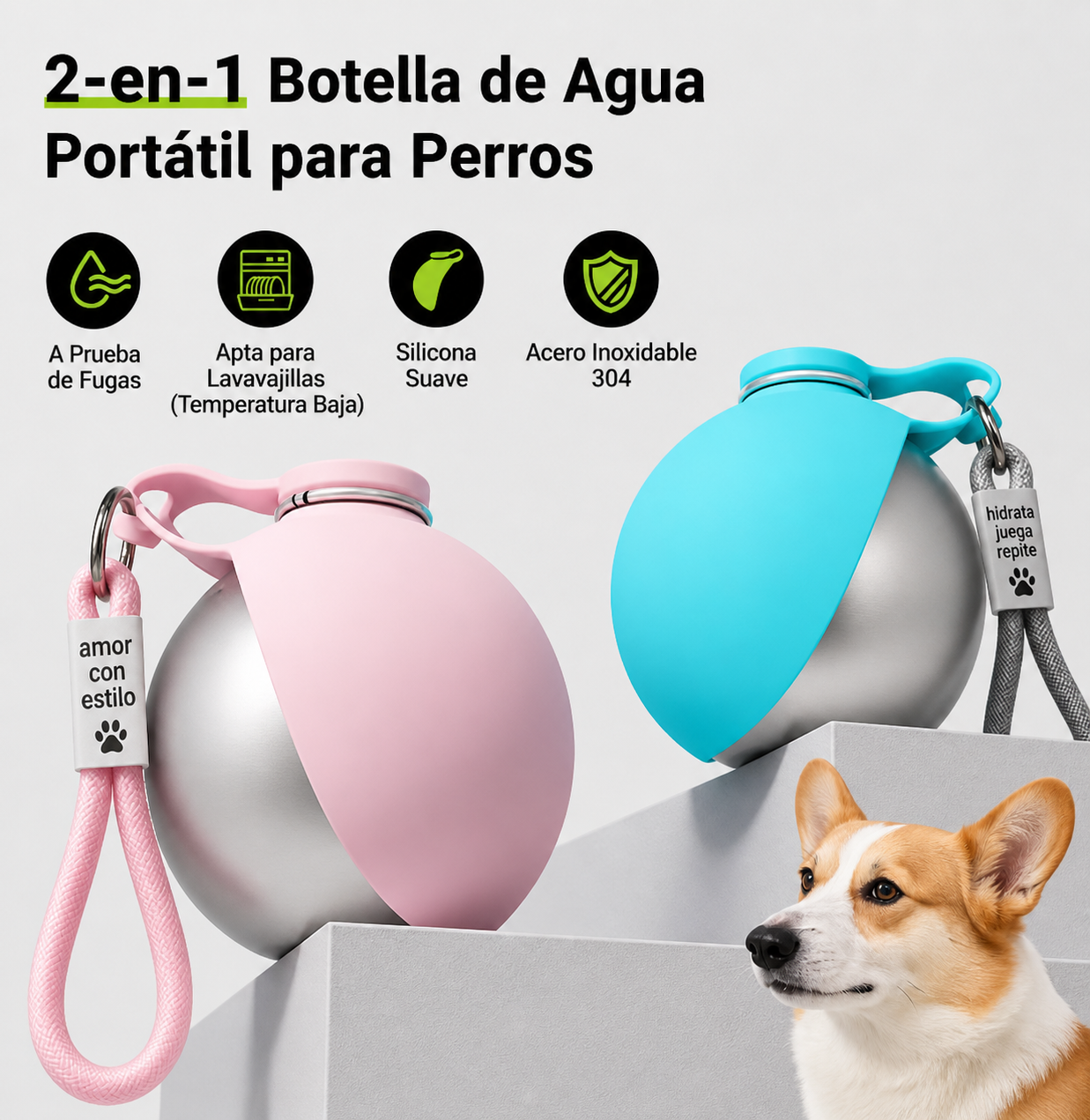 Botella de Agua Portátil 2 en 1 para Perros con Diseño Antifugas